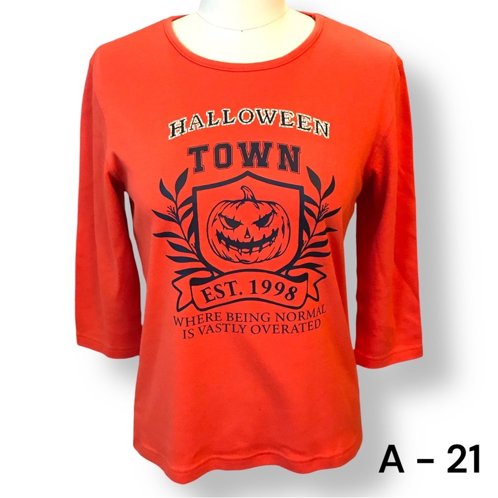 Halloween Town University Orange Top Shirt Womens 3/4 Sleeve Pumpkin Sz S Beads